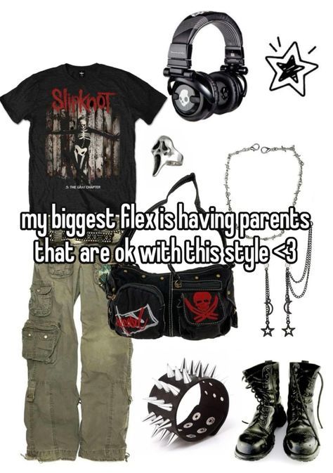 Outfit Ideas Metalhead, Emo Date Ideas, Metalhead Outfit Ideas, Emo Whispers, Names Of Aesthetics Styles, Grunge Headphones, Metal Head Outfits, Alt Shirts, Grunge Outfits Punk