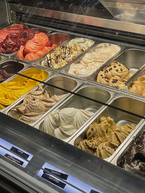 gelato photo with many flavors. tiramisu, panacotta,pistachio Ice Cream Gelato Aesthetic, Italian Gelato Aesthetic, Whisper Background Photos Aesthetic, Aesthetic Tiramisu, Aesthetic Gelato, Choreography Inspiration, Gelato Aesthetic, Gelato Italy, Night Luxe