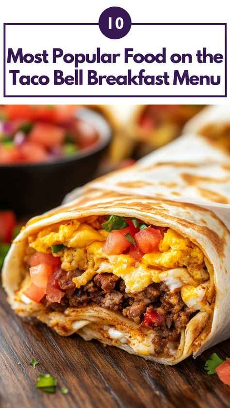 A close-up image of a Taco Bell breakfast spread featuring the popular Breakfast Crunchwrap and Cheesy Burrito on a wooden table. Taco Bell Breakfast Burrito, Taco Bell Breakfast, Breakfast Crunchwrap, Breakfast Burrito, Popular Food, New Food, Breakfast Menu, Breakfast On The Go, Breakfast Items