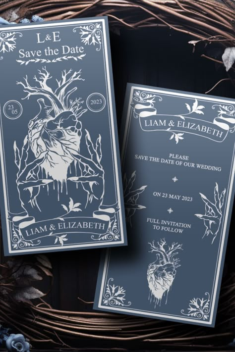 Discover this magnificent gothic-style wedding invitation inspired by the world of tarot cards. You can personalize your digital invitation cards by changing the text and colors. #etsyshop #tarot #magic #card #witch #witchcraft #weddingcard #weddingtemplate #gothicwedding #tarotwedding #savethedate #halloweencard Save The Date Layout Design, Dark Academia Save The Dates, Whimsigoth Wedding Invitations, Magical Wedding Invitations, Wedding Invitations Gothic, Gothic Wedding Invites, Tarot Card Invitation, Witchy Invitations, Dark Academia Wedding Invitations