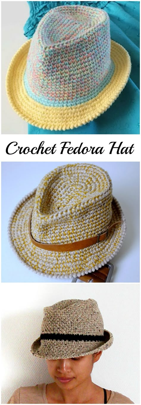 Crochet Fedora Hat, Crochet Fedora, Pola Topi, Crochet Summer Hats, Knitting Amigurumi, Amigurumi Knitting, Confection Au Crochet, Crochet Hat Patterns, Crochet Knit Hat