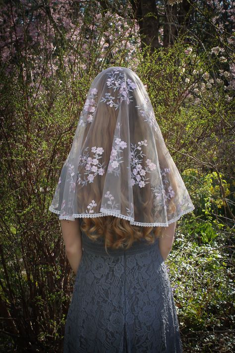 Evintage Veils~ READY TO SHIP Our Lady of the Rosary Joyful Mysteries Rose/Gray Vintage Inspired Lace Chapel Veil D Shape Mass Outfit, Joyful Mysteries, Christian Veils, Traditional Femininity, Chapel Veils, Girls Veiled, Lady Of The Rosary, Our Lady Of The Rosary, Catholic Veil