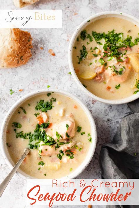 This Healthy Seafood Chowder is seriously the best! Hearty, creamy Aldi Dinners, Seafood Potatoes, Savvy Bites, Seafood Chowder Recipe, Air Fryer Recipes Chicken Wings, Potatoes And Bacon, Creamy Seafood, Chowder Recipes Seafood, Aldi Recipes