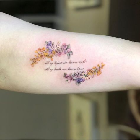 Phrase With Flowers Tattoo, Tattoo Words With Flowers, Flower And Text Tattoo, Flowers Around Words Tattoo, Flower Text, Lettering Tattoos, Romantic Tattoo, Writing Tattoos, Text Tattoo