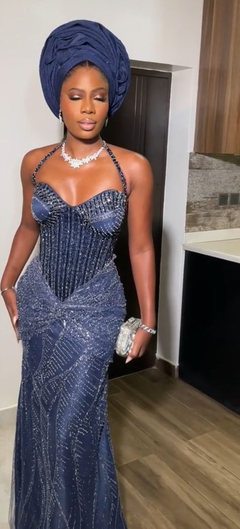 Halter Asoebi Styles, Navy Gala Dress, Simple Aso Ebi Lace Style 2024, Blue Nigerian Dress, Beaded Aso Ebi Styles, Modest Aso Ebi Lace Styles, Asoebi Styles 2024, Navy Blue Asoebi Lace Styles In Nigeria, Teal Asoebi