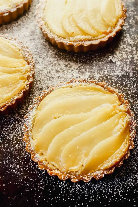 Mini Pear and Almond Tartlets, also known as Pear and Frangipane! Made with whole wheat tart crust, these sweet tarts are perfect for the holidays! | Zestful Kitchen #frangipane #pearfrangipane #peartart #peartartlets #pearalmondtart Almond Tartlets, Cranberry Curd Tart, Lemon Rhubarb, Almond Tarts, Cranberry Curd, Turkey Roasted, Pear And Almond Tart, Potato Au Gratin, Hasselback Sweet Potatoes