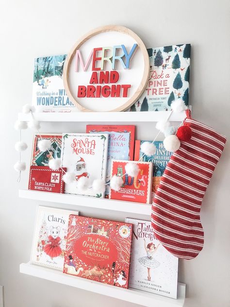 Holiday Bookshelves, Christmas Bookshelf, Ledge Shelves, Book Ledge, White Shelf, Shelves White, Bookshelves Kids, Christmas Inspo, Merry Little Christmas