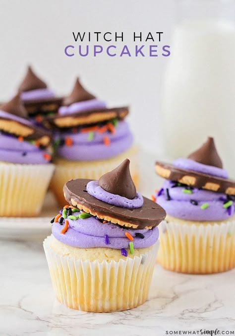 Oct 5, 2019 - Witch hat cupcakes are a perfect treat for a Halloween party. Made using cookies and a Hershey's kiss, they are adorable and taste great! Simple Halloween Cupcakes, Witch Hat Cupcakes, Purple Frosting, Halloween Party Desserts, Hat Cupcakes, Cupcakes Easy, Fall Cupcakes, Desserts Cupcakes, Baking Chocolate