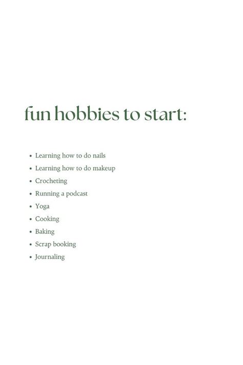 Hobbies to start learning this year.#visionboard #goalsetting #manifesting #visualization #dreambig #lawofattraction #mindset #selfimprovement #personaldevelopment #goalplanning New Hobbies To Try Aesthetic, Self Care Hobbies, Hobbies To Start, Winter Hobbies, Hobbies To Learn, Best Hobbies, Create A Vision Board, Hobbies For Women, Hobbies To Try