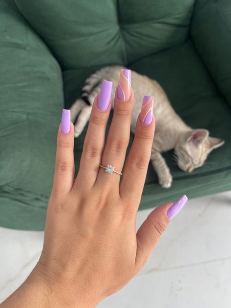 Coffin Acrylic Nails Purple French Tip, Purple Hoco Nails Acrylic, Purple Nail Designs Medium Length, Lilac Purple Nail Designs, Light Purple Nails Gel, Squoval Acrylic Nails Purple, Lilac Gel Nail Designs, Soft Spring Nails, Almond Purple French Tip Nails