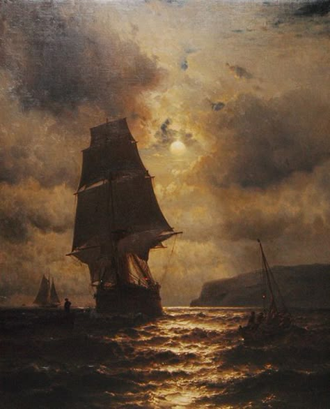 Moonlight Clipper Ship and Boats off the Coast of Long Island (Mauritz de Haas) Pirate Art Aesthetic, Acrylic Ship Painting, Dark Academia Aesthetic Landscape, Seafaring Aesthetic, Ships Aesthetic, Ship Aesthetic, Ship At Sea, Pirate Aesthetic, Arte Indie