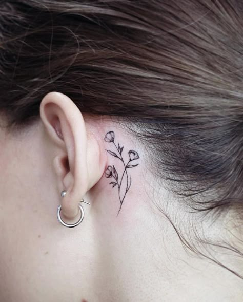 Small Tattoo Ideas For Men, Flower Neck Tattoo, Widow Tattoo, Finger Tattoos Words, Violet Flower Tattoos, Black Widow Tattoo, Violet Tattoo, Behind The Ear Tattoo, Behind Ear Tattoos