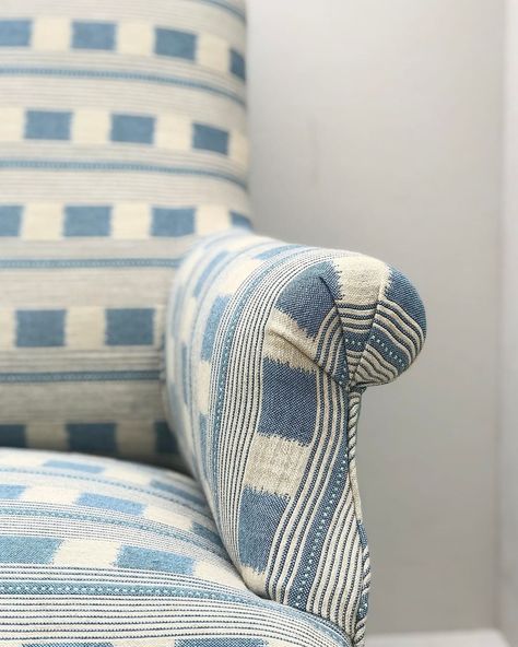 Christopher Farr Cloth’s Instagram post: “This beautiful chair has been re- upholstered by the talented @byannaelizabeth_ using our Lost and Found fabric shown here in denim.…” Victorian Terrace Kitchen, Christopher Farr, Dining Chair Upholstery, Feature Chair, Mason Jar Flowers, Country Bedroom, Bank Holiday Weekend, Blue Chair, Lost And Found