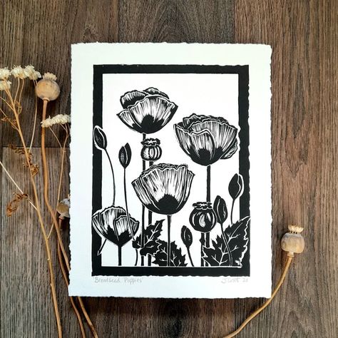 Breadseed Poppies linocut Summer Wild Flowers, Breadseed Poppy, Poppy Flower Art, Linocut Printmaking, Lino Art, August Birthday, Birthday Flower, Linocut Art, Lino Print