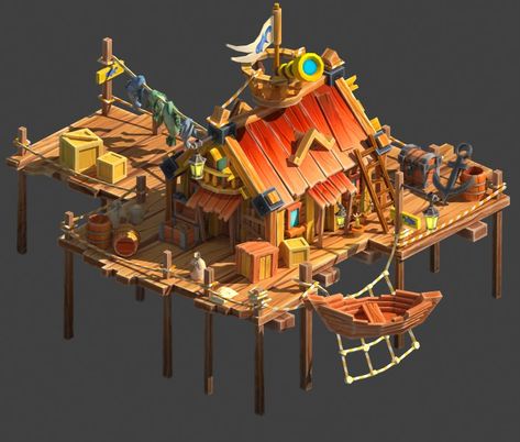 Fishing Shop Design, Fishing Town Concept Art, Minecraft Pirate Cove, Pirate Village, Top Down Game, Pirate Room, Fishing Shack, Planet Coaster, Fishing Dock