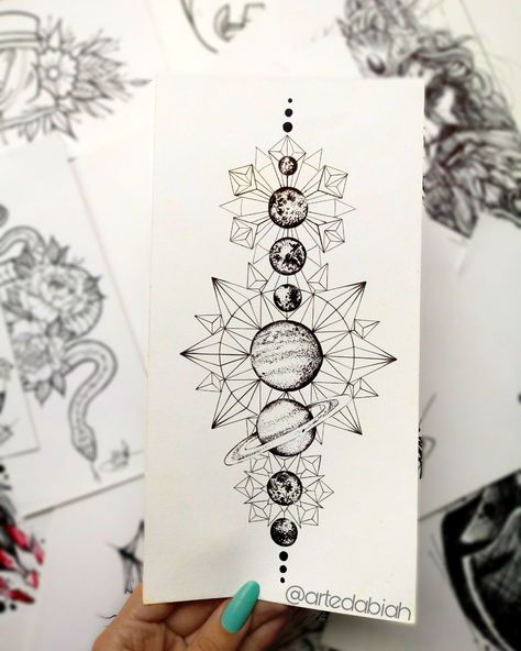 Witchy Geometric Tattoos, Geometric Planet Tattoo Design, Tattoo Ideas Geometric Minimalist, Geometric Astrology Tattoo, Space Chest Tattoo Female, Planetary Tattoo Ideas, Spine Space Tattoos, Planet And Flowers Tattoo, Flower Planets Tattoo