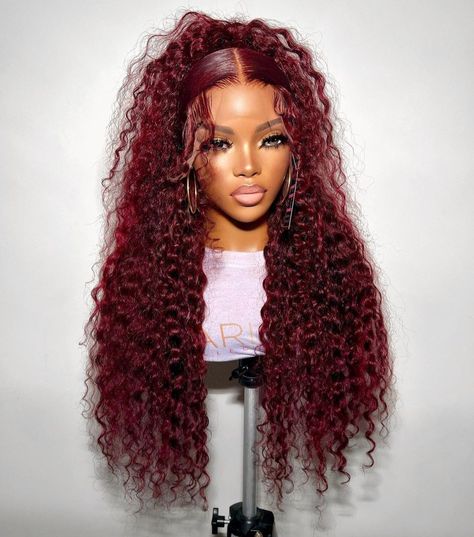 Burgundy Deep Wave, Custom Color Wigs, Weave Ponytail Hairstyles, Birthday Hairstyles, Birthday Hair, Pretty Braided Hairstyles, Dope Hairstyles, Front Lace Wigs Human Hair, Hair Collection