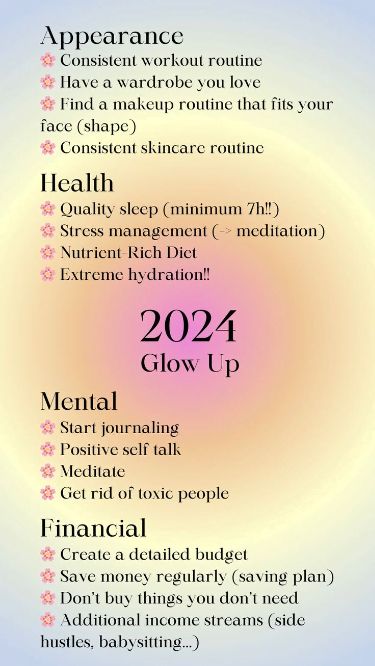 Glow up tips / Glow up checklist / Glow up aesthetic Glow Up List, New Version Of Yourself, Glow Up Aesthetic, Glow Up Checklist, Glow Up Challenge, Goals 2024, Up Aesthetic, 2024 Goals, The Glow Up