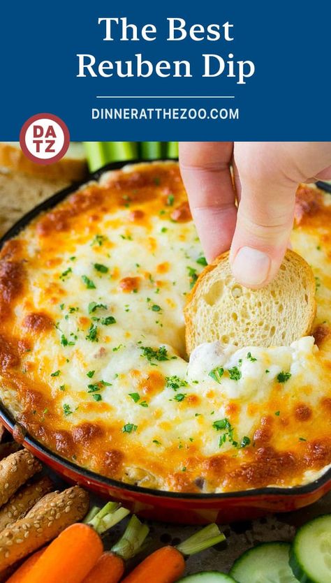 This Reuben dip is a hot cheesy dip made with the classic sandwich ingredients including corned beef, sauerkraut and Thousand Island dressing. Corn Beef Dip Recipe, Reuben Dip Recipe, St Patricks Food, Reuben Dip, Beef Appetizers, Best Dip Recipes, Beef Dip, Hearty Snacks, Cheesy Dip