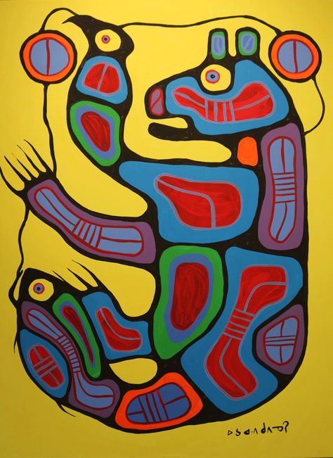 "MY ART SPEAKS AND WILL CONTINUE TO SPEAK, TRANSCENDING BARRIERS OF NATIONALITY, LANGUAGE AND OTHER FORCES THAT MAY BE DIVISIVE, FORTIFYING THE GREATNESS OF THE SPIRIT THAT HAS ALWAYS BEEN THE FOUNDATION OF THE OJIBWA PEOPLE."  Norval Morrisseau Indegenious Art, Norval Morrisseau, Whimsical Art Paintings, Aboriginal Painting, Totem Poles, Totem Pole, Canadian Art, Arte Animal, Indigenous Art