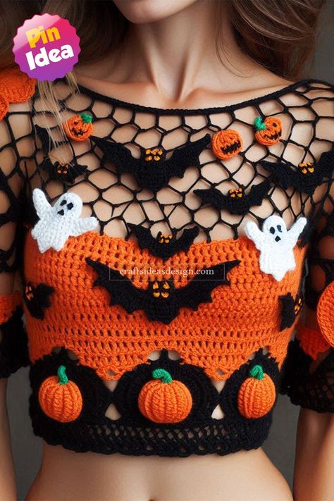 This Halloween crochet crop top is the ultimate festive wear for spooky season lovers! Crochet Blanket Designs, Crochet Motif Patterns, Crochet Design Pattern, Clothes Pin Crafts, Crochet Fall, Crochet Fashion Patterns, Unique Top, Crochet Crop, Festive Wear