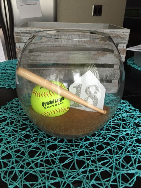 Softball inspired fishbowl...personalize with your favorite players number!! Softball Banquet Decorations, Softball Table Centerpieces, Softball Centerpieces Banquet, 8th Grade Night Softball Ideas, Softball Graduation Party Ideas, Softball Centerpieces Table Decorations, Softball Banquet Ideas Table Decorations, Senior Table Ideas Sports, Softball Banquet Ideas