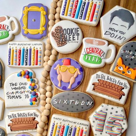 Cookie Sheet Creations on Instagram: "So Friends just barely won the contest yesterday😜 • • • #friendscookies #birthdaycookies #16thbirthdaycookies #decoratedsugarcookies #decoratedcookies #royalicingcookies #friends #smellycat #illbethereforyou #howyoudoin" Friends Tv Show Cookies, Friends Themed Cookies, Cookies That Look Like Food, Friends Royal Icing Cookies, Friends Cookies Decorated, Friends Cookies, Royal Icing Decorated Cookies, Decorative Cookies, Smelly Cat