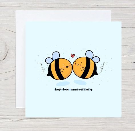 Bumble Bee Anniversary Card - Hap-bee anniversary card, Kawaii love card, cards for him, cards for her, romantic card Anniversary Card Drawing, Diy Happy Anniversary Cards, Cute Anniversary Cards For Him, Parent Anniversary Card, Cute Anniversary Cards For Parents, Cute Couple Cards, Romantic Card Ideas, Romantic Cards For Him Handmade, Happy Birthday Card Boyfriend