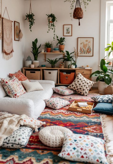 Boho Playroom Ideas Cozy Living Room Floor Seating, Cute Seating Area, Floor Lounge Area Cozy, Playroom Floor Cushions, Floor Cushion Living Room Ideas, Bohemian Floor Seating, Floor Mattress Living Room, Kids Bedroom Playroom Combo, Floor Seating Living Room Small Spaces