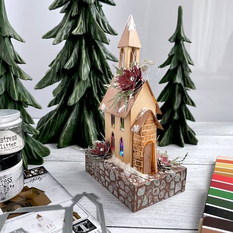 Tim Holtz Village Collection, Tim Holtz Village, Tim Holtz Sizzix Dies, Finnabair Art, Matchbox Crafts, Tim Holtz Dies, Diy Christmas Village, Christmas Church, Christmas Village Houses