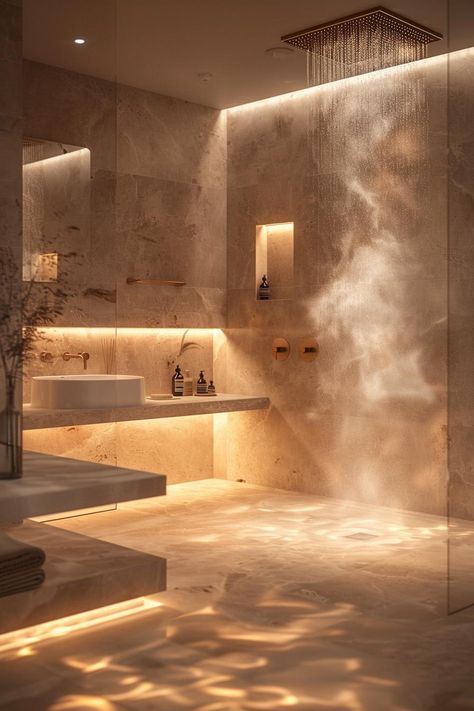 19 Stunning Modern Bathroom Designs For Your Home Marble Walls Bathroom, Her Bathroom Ideas, Luxury Bathroom Design Ideas, Luxurious Bathroom Decor Ideas, Bathroom Aesthetic Luxury, Marble Bedroom Ideas, Dream Bathrooms Luxury Modern, Bathroom In Bedroom, Luxury Bathroom Lighting