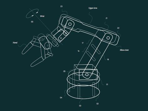 Robot Arm Drawing Design Reference, Robotics Illustration, Mechanical Illustration, Arduino Robot Arm, Robot Factory, Mechanical Drawing, Industrial Robotic Arm, Robot Design Sketch, Arduino Robot