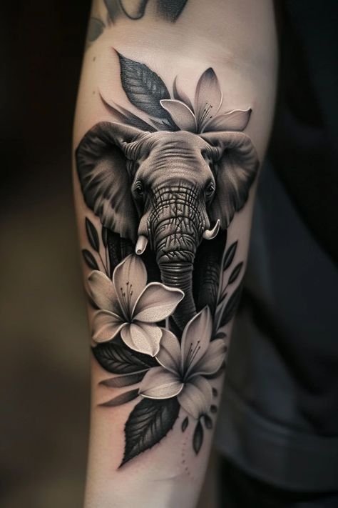 Elephant Tattoo For Women, Elephant Tattoos With Flowers, Small Elephant Tattoo, Elephant Tattoo Ideas, Elephant Thigh Tattoo, Baby Elephant Tattoo, Mandala Elephant Tattoo, Elephant Tattoo Meaning, Cute Elephant Tattoo