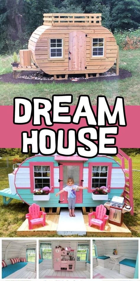 This Happy Camper Playhouse Is Adorable and My Kids Need One | Kids Activities Blog Camper Playhouse Diy, Playroom Ideas Paint, Inside Kids Playhouse, Playhouse Paint Ideas, Kids Summer Reading Challenge, Camper Playhouse, Diy Bed Ideas, Dream Playhouse, Playhouse For Kids