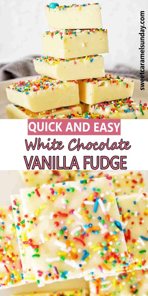 This vanilla fudge recipe is quick, easy and seriously delicious! Using a simple melt and mix method and the microwave we bring together easy ingredients and whip up this tasty fudge. This recipe for vanilla fudge with condensed milk is the perfect holiday season baking idea that can be gifted, used for dessert or to tick the sweet treat box. #fudge @sweetcaramelsunday Vanilla Fudge Recipe, Easy Homemade Fudge, Healthy Candy Recipes, Homemade Fudge Recipe, Microwave Chocolate Fudge, Fudge With Condensed Milk, Vanilla Fudge Recipes, Condensed Milk Desserts, Homemade Fudge Recipes