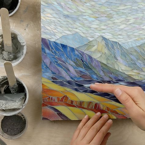 "Landscape Mosaics: Mastering Aerial Perspective & Other Elements of Mosaic Landscapes, Mosaic Mountain Scenes, Mountain Mosaic, Landscape Mosaic, How To Shade, Landscape Construction, Rule Of Thirds, Glass Mosaic Art, Art Theme