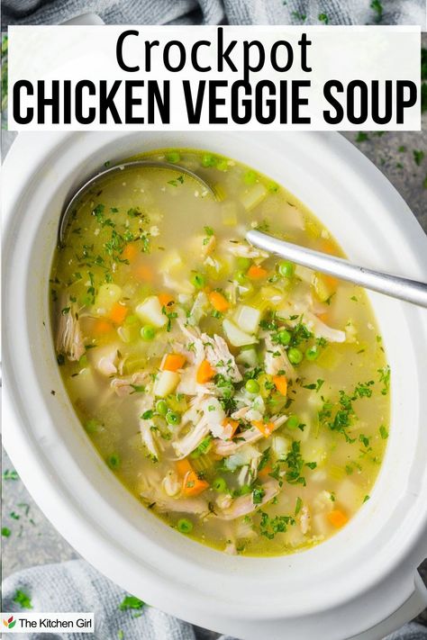 a Crockpot filled with chicken vegetable soup with a soup ladle. Text overlay says "Crockpot Chicken Veggie Soup" Chicken Soup Without Noodles, Quick Cheap Meals, Chicken Veggie Soup, Chicken Vegetable Soup Recipes, Chicken Soup Crockpot, Vegetable Soup With Chicken, Easy Slow Cooker Chicken, Easy Crockpot Chicken, Veggie Soup