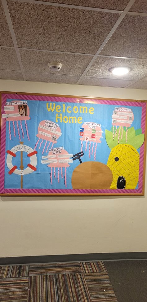 Bulletin Board Ideas Back To School College, Ra Welcome Back Bulletin Boards College, Middle School Bulletin Boards Hallway Welcome Back, Spongebob Bulletin Board Ideas, Back To School Bulletin Boards College, Ra Board Themes, Welcome Bulletin Boards College, Welcome Ra Boards, About Me Bulletin Board