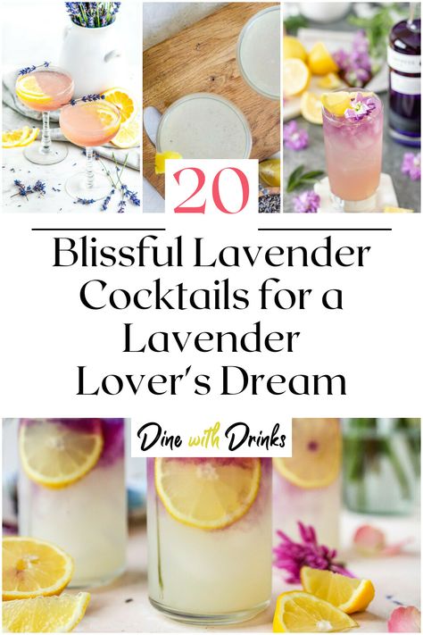 Collage of 4 lavender cocktails. Lavender Lemonade Prosecco Cocktail, Cocktails With Lavender Simple Syrup, Lavender Limoncello Cocktail, Tequila Lavender Cocktail, Lemon Lavender Cocktail, Lavender Simple Syrup Uses, Vodka Lavender Cocktail, Monin Lavender Syrup Recipes, Uses For Lavender Syrup