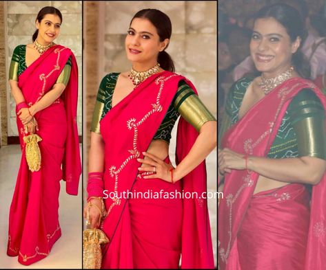 kajol in pink saree and green blouse at durga puja 2019 Red Green Silk Saree, Green Blouse And Pink Saree, Green Saree Red Blouse Combination, Green Blouse Saree Combination, Red Silk Saree With Green Blouse, Pink Saree Green Blouse, Red Saree Green Blouse, Pink Saree With Green Blouse, Red Saree With Green Blouse