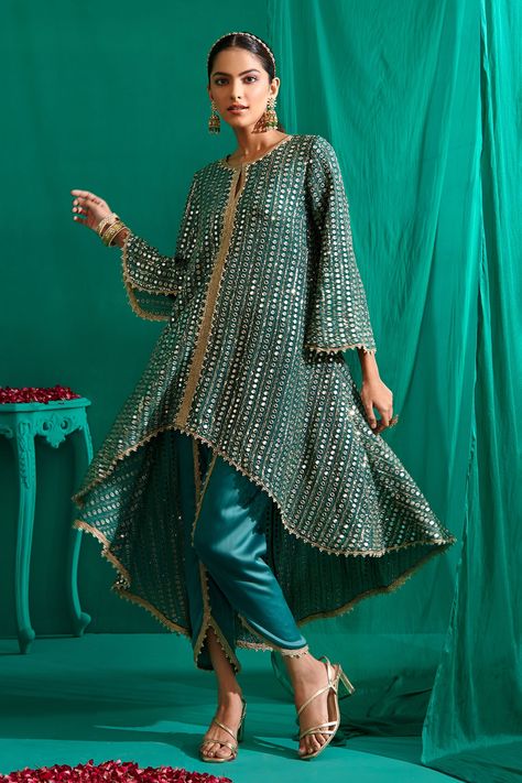 Buy Green Kurta Georgette Embroidery Ruffled Asymmetric Work With Tulip Pant For Women by Mustard Moon by Neyha and Vrinda Online at Aza Fashions. Georgette Kurta, Tulip Pants, Embroidered Jumpsuit, Floral Print Sarees, Pant For Women, Indian Dresses Traditional, Kurta Designs Women, Draped Skirt, Event Outfit