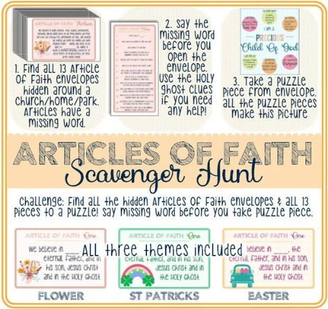 Scripture Scavenger Hunt, Service Scavenger Hunt, Goals Activity, 13 Articles Of Faith, Primary Activity, Spring Themes, Activity Day Girls, Primary Songs, St. Patrick’s Day