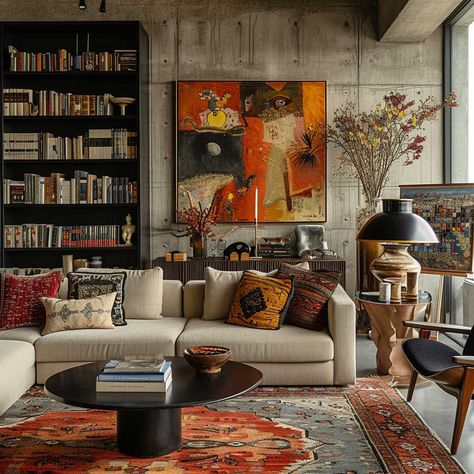 Living Room Designs Eclectic Modern, Eclectic Modern Apartment, Eclectic Contemporary Decor, Mid Century Modern Style Interiors, Vintage Mid Century Living Room, Eclectic Lounge Room, Mix Match Sofas Living Rooms, Moody Eclectic Living Room, Colorful Mid Century Modern Living Room