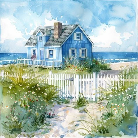 Michigan Watercolor, Beach House Painting, Buildings To Draw, Aquarell Painting, Art Ideas Drawing, Beach Huts Art, Watercolour Journal, Watercolor Buildings, Watercolour Painting Ideas