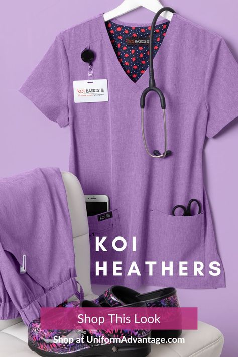 Lavender heather v-neck scrub top and matching scrub pants hanging next to each other next to clogs on a purple background. Koi Scrubs Uniform, House Keeping Uniform, Content Pictures, Nurse Scrubs, Koi Scrubs, Nurse Aesthetic, Scrubs Outfit, Uniform Advantage, Scrubs Uniform