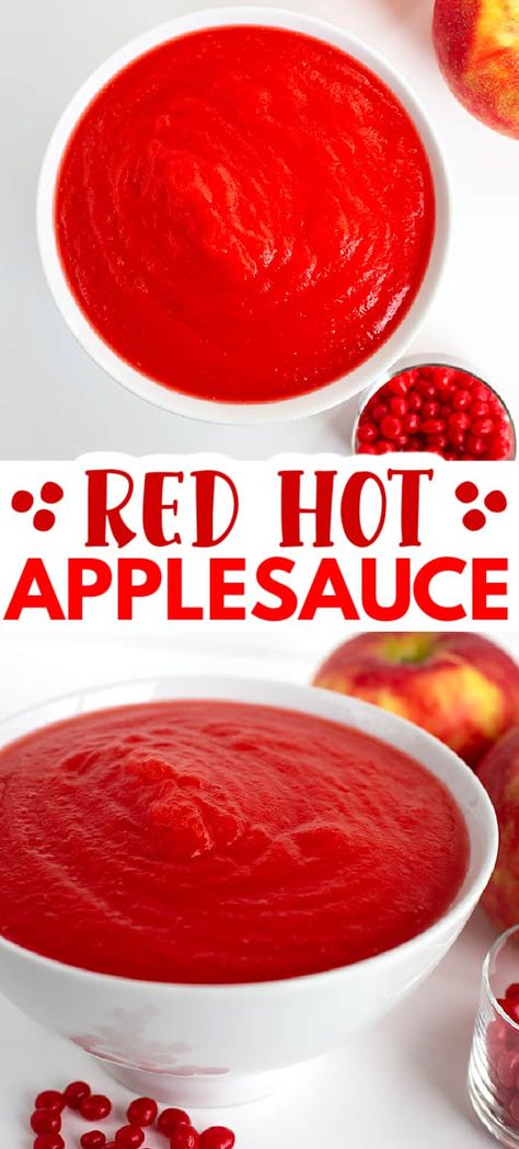 Red Hot Applesauce - This red hot applesauce is bright red and packed full of cinnamon flavor! It's such a quick and easy fall recipe to make. The recipe works great with any apple! Who knew applesauce could be so pretty and tasty? #applesauce #cinnmaonapplesauce #cookiedoughandovenmitt #fallrecipes Red Hot Apple Dumplings, Cinnamon Candy Applesauce, Cinnamon Red Hot Recipes, Canning Cinnamon Applesauce, Crockpot Applesauce With Red Hots, Apple Sauce With Red Hots, Canning Red Hot Cinnamon Apples, Applesauce With Red Hots, Red Hot Candy Apples