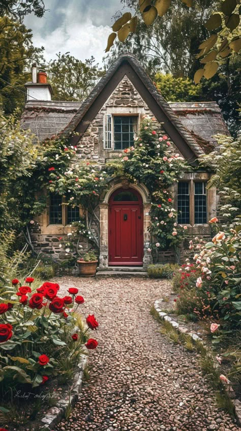 Download 'Enchanting Cottage Entrance' - A beautiful stone cottage adorned with climbing roses features a welcoming red door, creating a picturesque entrance. - Get this free stock photo and more high-quality images on StockCake. No attribution required. Double Fronted Cottage, Stone Cottage Garden, Cottage In London, Round Front Doors, Welcoming Home Aesthetic, Red Cottage Exterior, Stone Cottage With Porch, Cozy Cottage Home Exterior, English Cottage Home Exterior