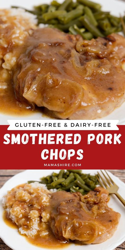 Easy gluten-free dinner of tender pork chops smothered in a rich and savory onion gravy. This delicious dinner is easy and perfect for any dinner, whether it’s a weekday dinner or having guests over. Serve this with rice or mashed potatoes and a side vegetable for a delicious and hearty meal. Low Carb Smothered Pork Chops, Pork Chops And Onion Gravy, Gluten Free Stuffed Pork Chops, Dairy Free Smothered Pork Chops, Gluten Free Smothered Pork Chops, Gluten Free Dairy Free Pork Chop Recipes, Dairy Free Pork Chop Recipes, Gluten Free Pork Chop Recipes, Smoothered Pork Chops