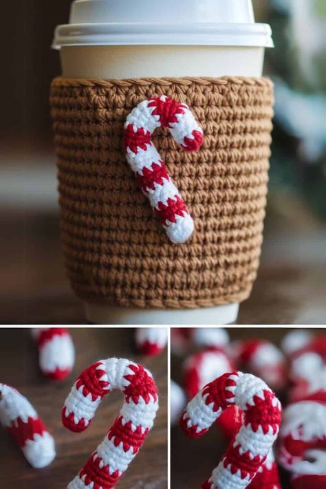 A crocheted coffee cup cozy with a festive design. The cozy is tan and decorated with a small red and white crocheted candy cane. The bottom part of the image shows close-ups of similar mini candy canes. Christmas Coffee Cozy Crochet Pattern, Quick Crochet Xmas Gifts, Crochet Patterns For Christmas Gifts, Crochet Christmas Decorations Easy, Handmade Xmas Gifts Ideas, Crochet Santa Coasters Free Pattern, Christmas Arigumi Patterns Free, Christmas Decoration Crochet Patterns, Christmas Gift Crochet Patterns Free