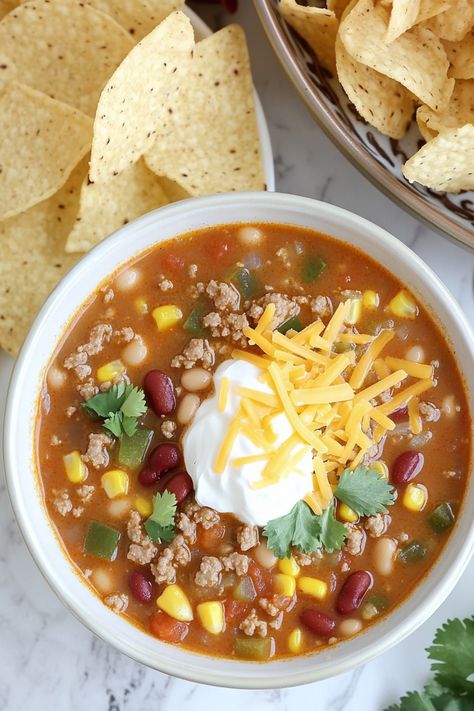 Discover a delicious recipe for Turkey Taco Soup that will warm you up from the inside out. Packed with flavorful ingredients like ground turkey, beans, corn, and Mexican spices, this soup is both comforting and nutritious. Perfect for cozy nights in or to serve at your next gathering. Quick and easy to make, this turkey taco soup is sure to become a family favorite. Enjoy the satisfying flavors of a taco in soup form with this hearty and wholesome meal option. Turkey Taco Chili Soup, Mexican Turkey Soup Recipes, Taco Chili Soup, Ground Turkey Soup Recipes, Turkey Taco Soup Recipe, Turkey Taco Chili, Soup With Ground Turkey, Heart Healthy Soup, Turkey Taco Soup